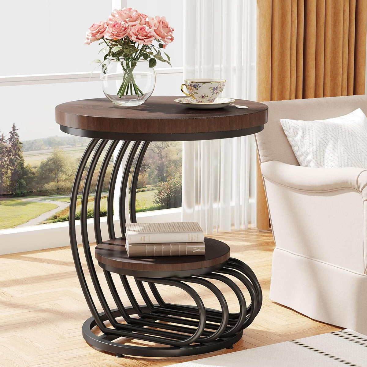 Tribesigns Round End Side Table: 2 Tiers Side Table Set of 2, Vintage End Table for Living Room