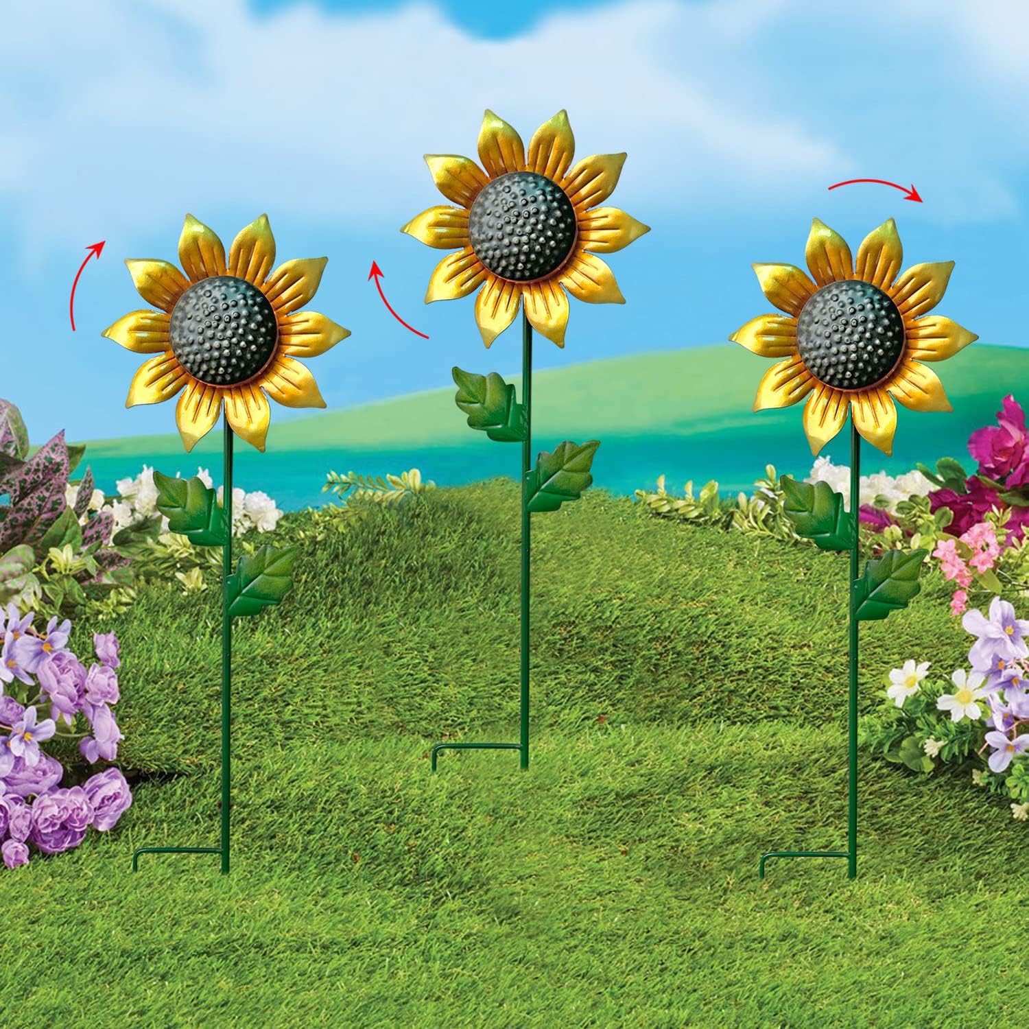 WAIU Metal Sunflower Flower Garden Stakes, Wind Catcher Spinner Garden Stakes, Garden Windmill