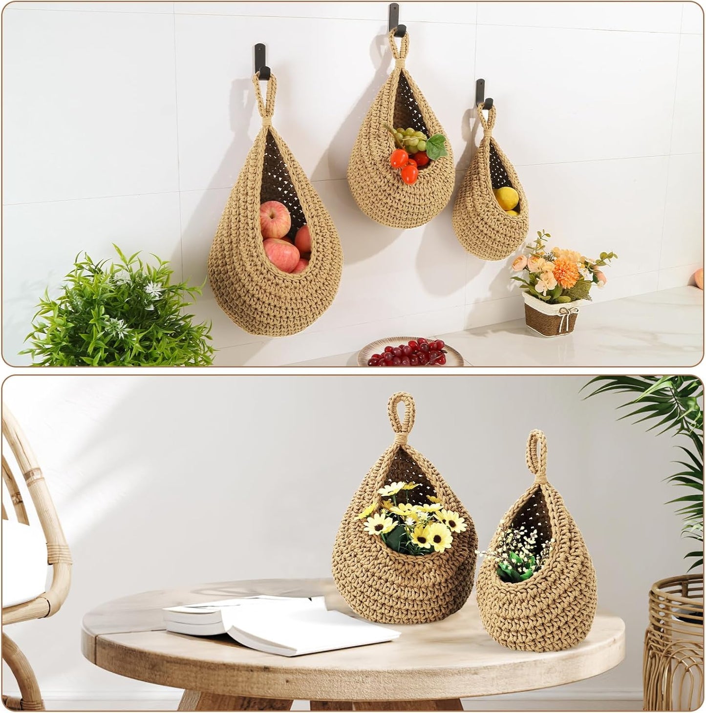Wall Hanging Baskets for Organizing - 3 Pack Hanging Fruit Basket with 6 Pcs Strong Hooks