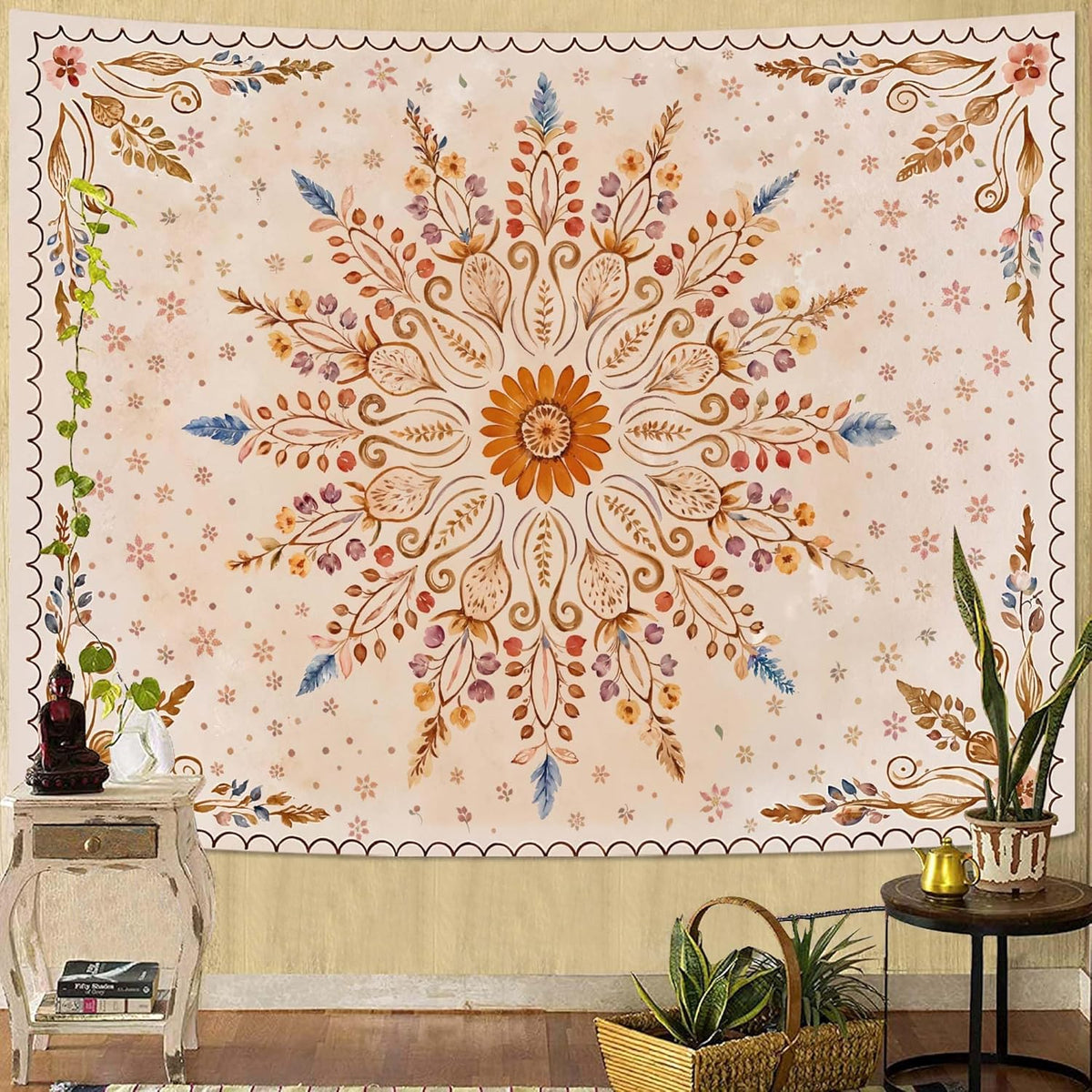 Fowocu Boho Floral Mandala Tapestry for Bedroom Aesthetic Watercolor Bohemian Flower Wall Tapestry