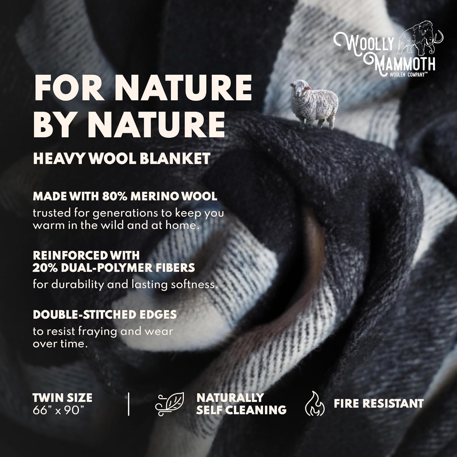 Woolly Mammoth Woolen Company Camping Wool Blanket - 66 in x 90 in Black & Cream Plaid