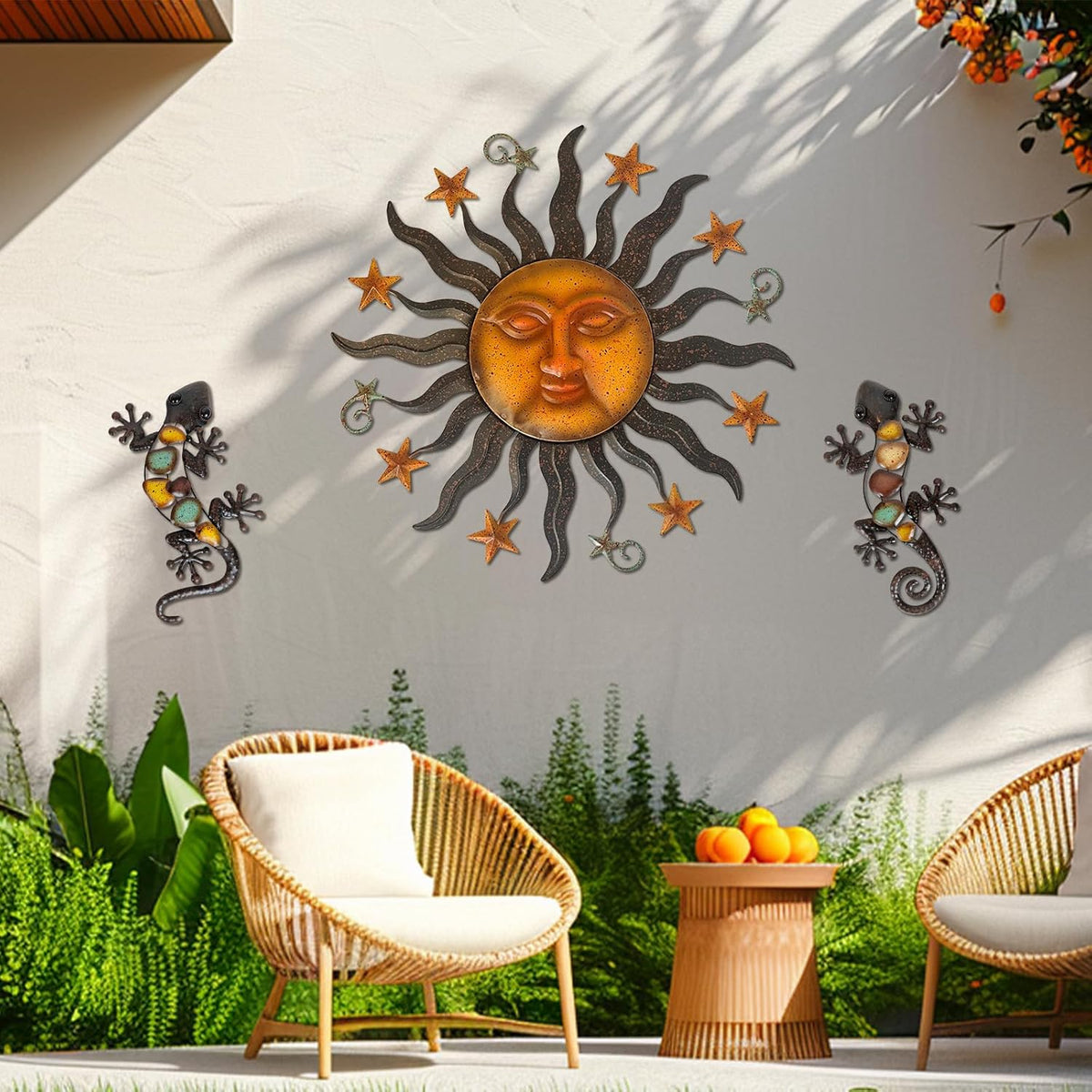 LIFFY 24" Sun Face Metal Wall Art for Outdoor Decor - Solar Themed Hanging Sculpture