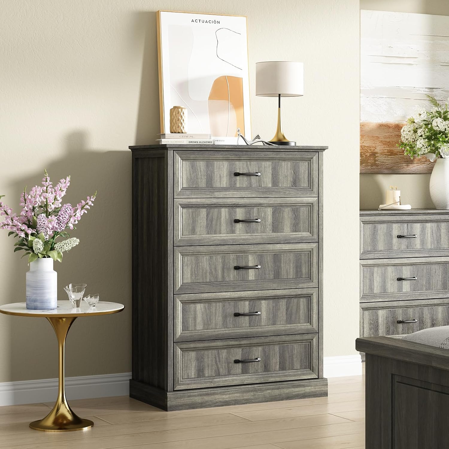 Farmhouse 5 Drawers Dresser for Bedroom, 44" Tall Grey dresser Wood Rustic Chest of Drawers with