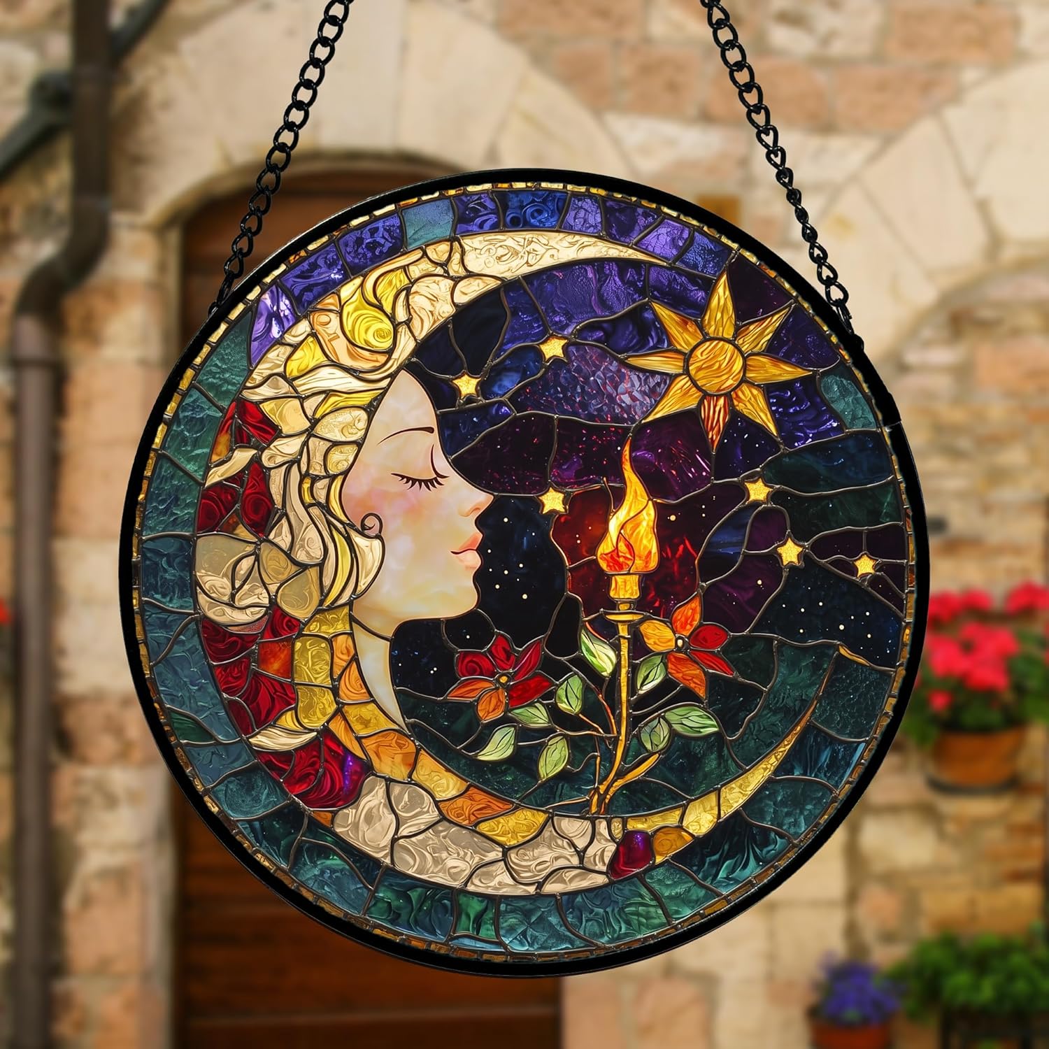 Stained Glass Window Hanging, Moon Goddess Torch Suncatcher Diamond Glass Panel Hangings Dream Sun