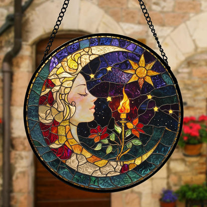 Stained Glass Window Hanging, Moon Goddess Torch Suncatcher Diamond Glass Panel Hangings Dream Sun