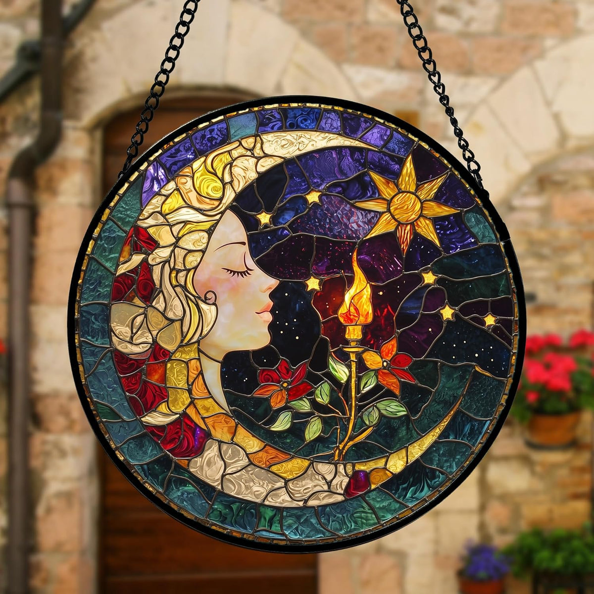 Stained Glass Window Hanging, Moon Goddess Torch Suncatcher Diamond Glass Panel Hangings Dream Sun