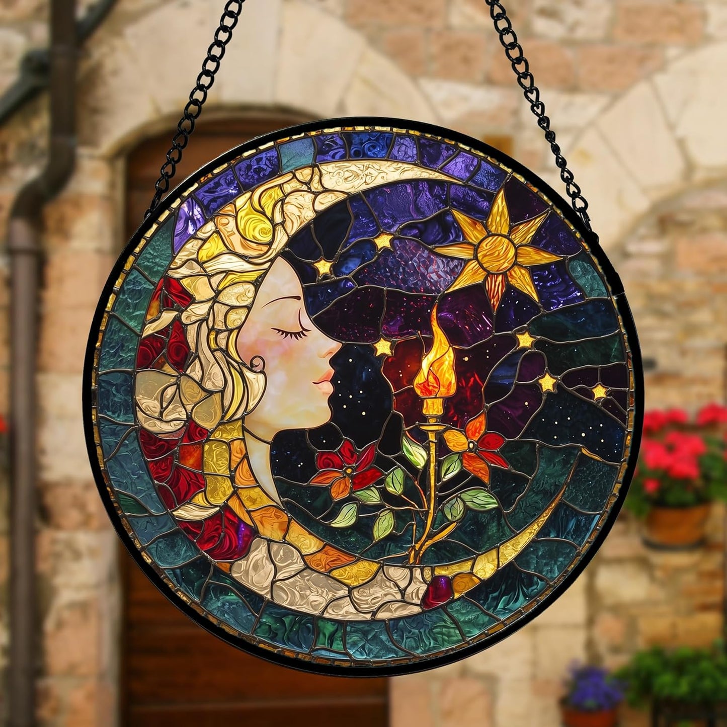 Stained Glass Window Hanging, Moon Goddess Torch Suncatcher Diamond Glass Panel Hangings Dream Sun