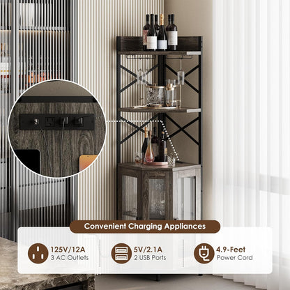 Corner Bar Cabinet with Power Outlet, 5-Tier Corner Wine Cabinet with Led Strip and Glass Holder