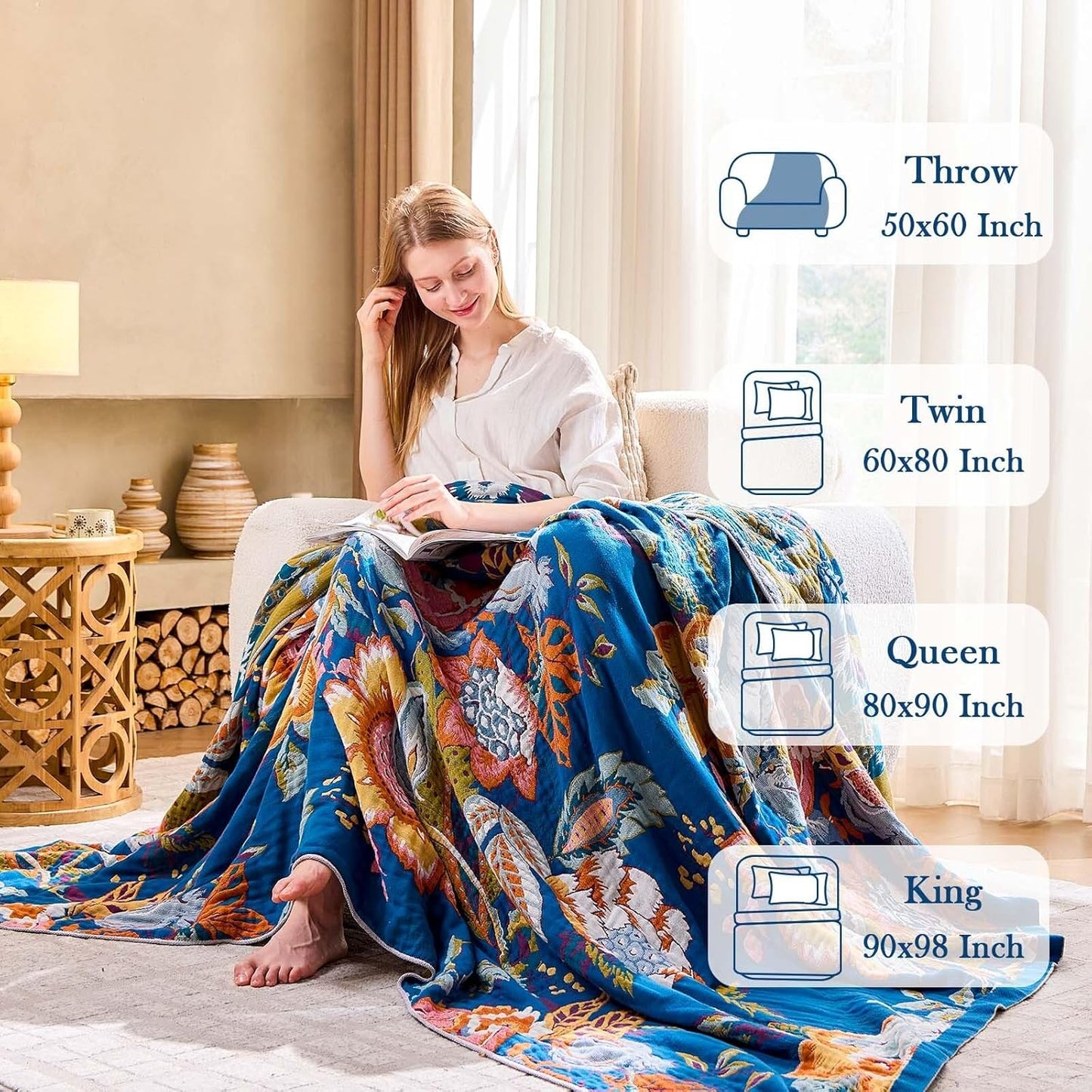 Boho Throw Blanket, Blue Lightweight Blankets for Summer, 100% Cotton Bohemian Decorative Throw