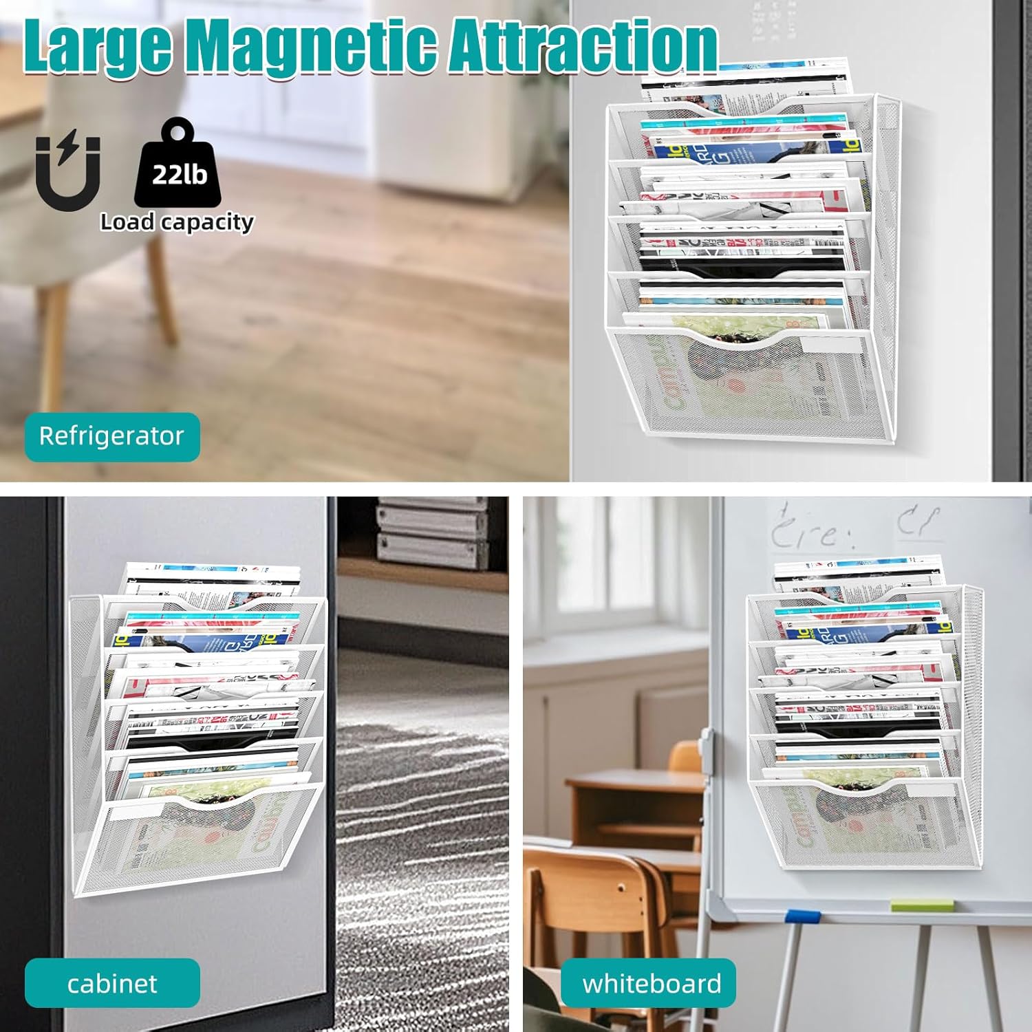 5-Tier Magnetic File Organizer, No Drilling Installation, White Magnetic Paper Holder, Magazine