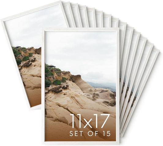Haus and Hues 11x17 White Oak Wood Picture Frames Set of 15 - Premium Bulk Picture Frames 11x17