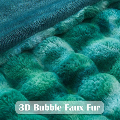 NEWCOSPLAY Faux Fur Throw Blanket Tie-dye Dark Teal Luxury Fluffy Thick Warm Bubble Blanket for