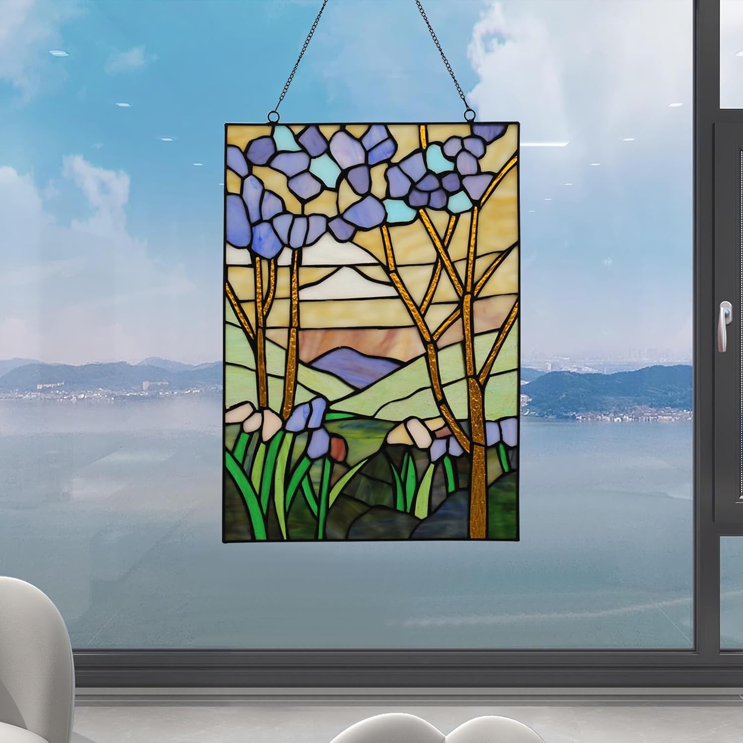 YOURANJU Stained Glass Window Hanging 16" H x 11" W Tiffany Style Rectangular Window Panel Suitable