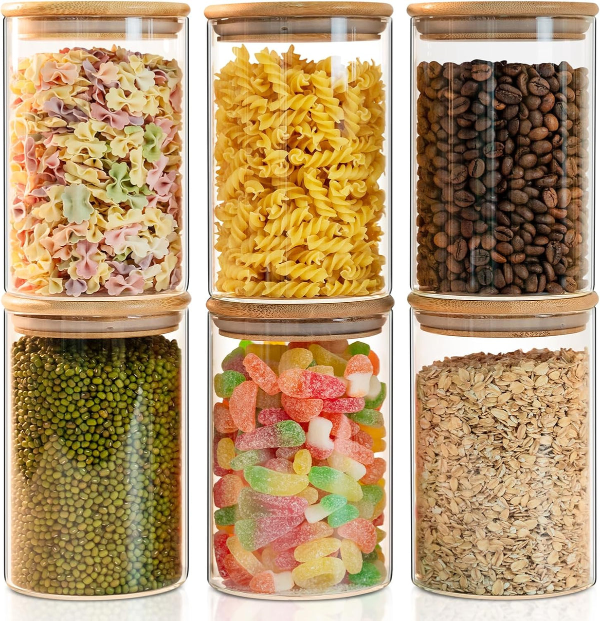 Glass Food Storage Jars 6-Pack 37oz - 4x6 in-Clear Glass Food Canisters with Bamboo Lid Airtight