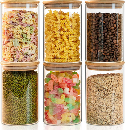 Glass Food Storage Jars 6-Pack 37oz - 4x6 in-Clear Glass Food Canisters with Bamboo Lid Airtight