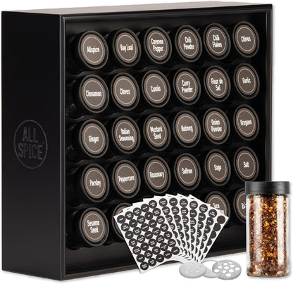 AllSpice Spice Rack Organizer, Wood, 525 Unique Labels, Countertop or Wall Mount, Includes 30 4oz