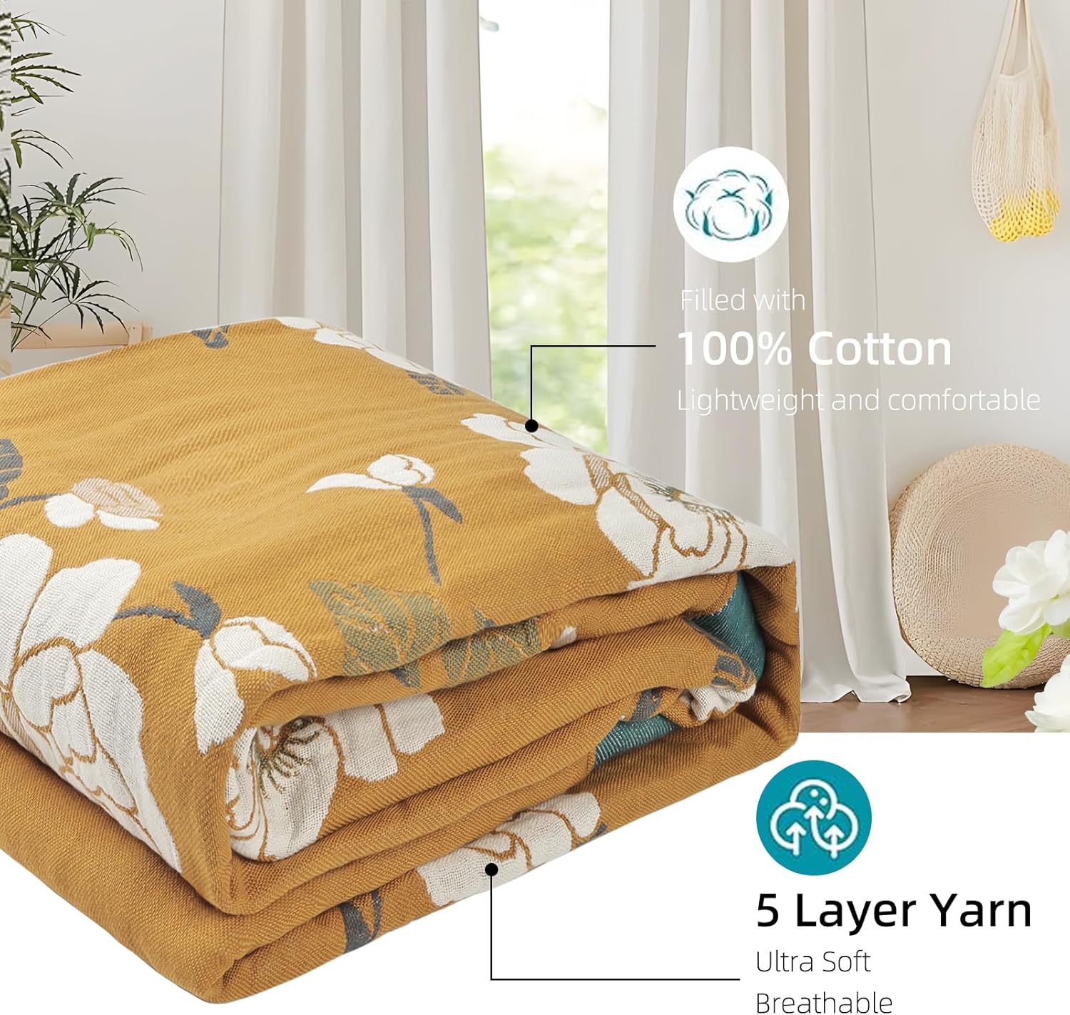 Boho Throw Blanket for Bed - 100% Pure Cotton Ultra Soft Rustic Quilt - Farmhouse Decor Bed