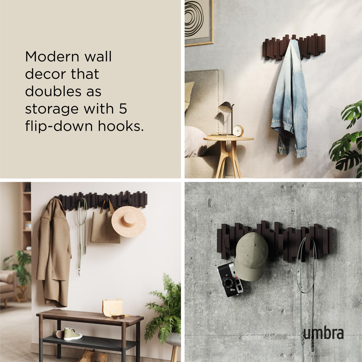 Umbra Sticks Wall Mount Coat Rack, 5 Hook Retractable Pegs, Espresso