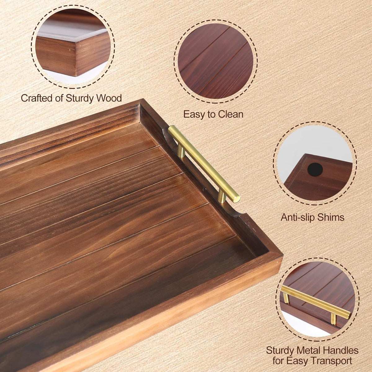 Coffee Table Tray - Large Ottoman Trays for Living Rooms - Wood Serving Tray with Handles(2 Sets)