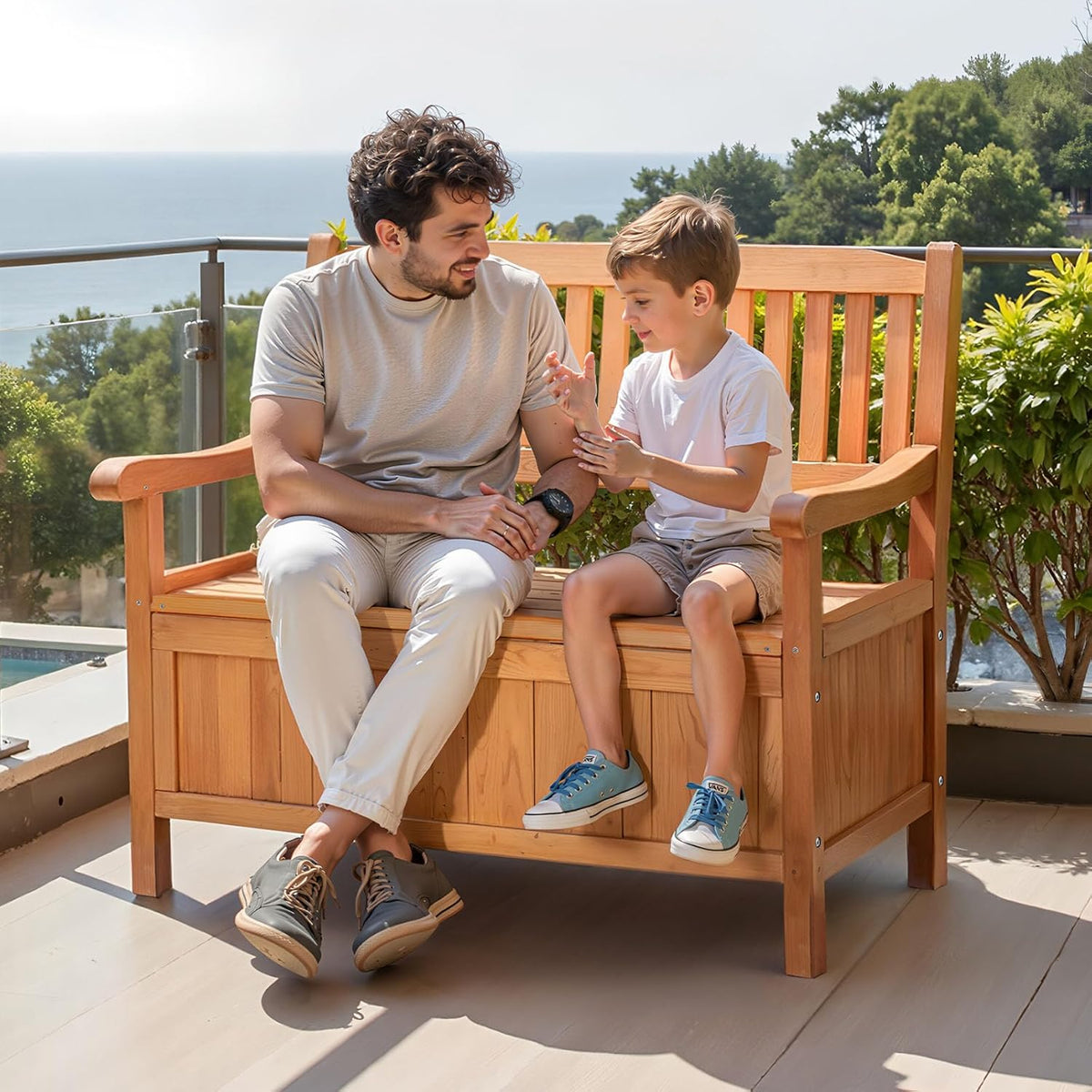 VEVOR Outdoor Storage Bench, 2-Person Wooden Storage Bench, 33 Gallons Deck Box with Side Handle