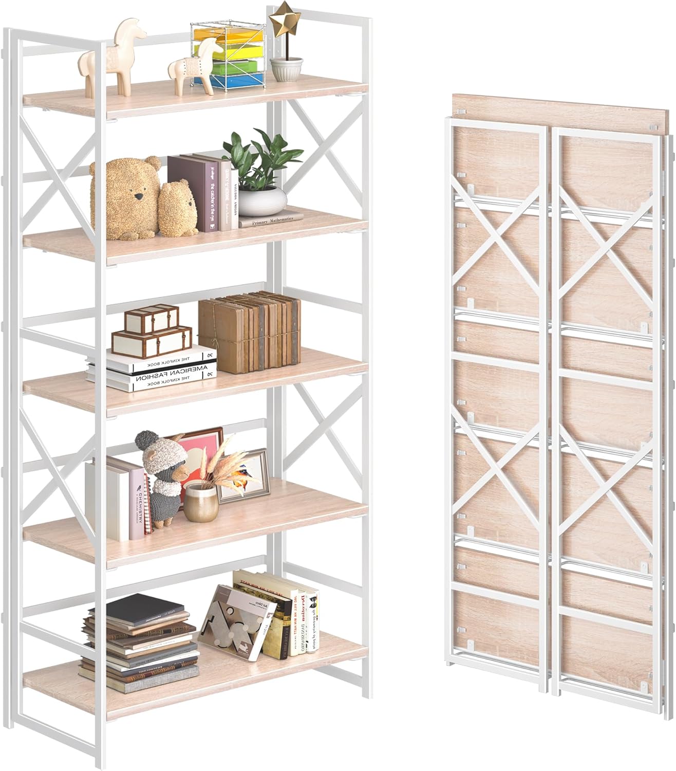 4NM 5 Tiers No Assembly Book Shelves, 51.2" H Folding Bookshelf Bookcase Open Industrial Foldable