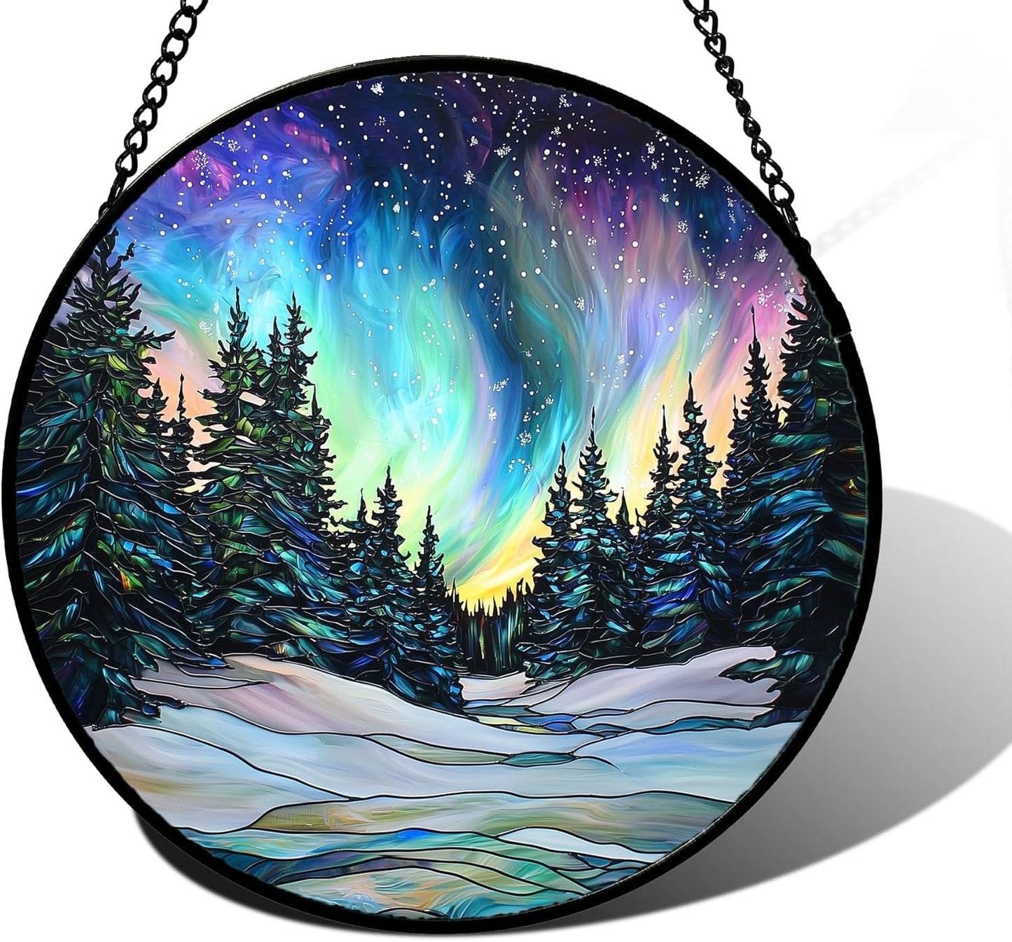 Stained Glass Window Hanging, Aurora Landscape Sun Catchers Glass Panel Green Trees Suncatcher