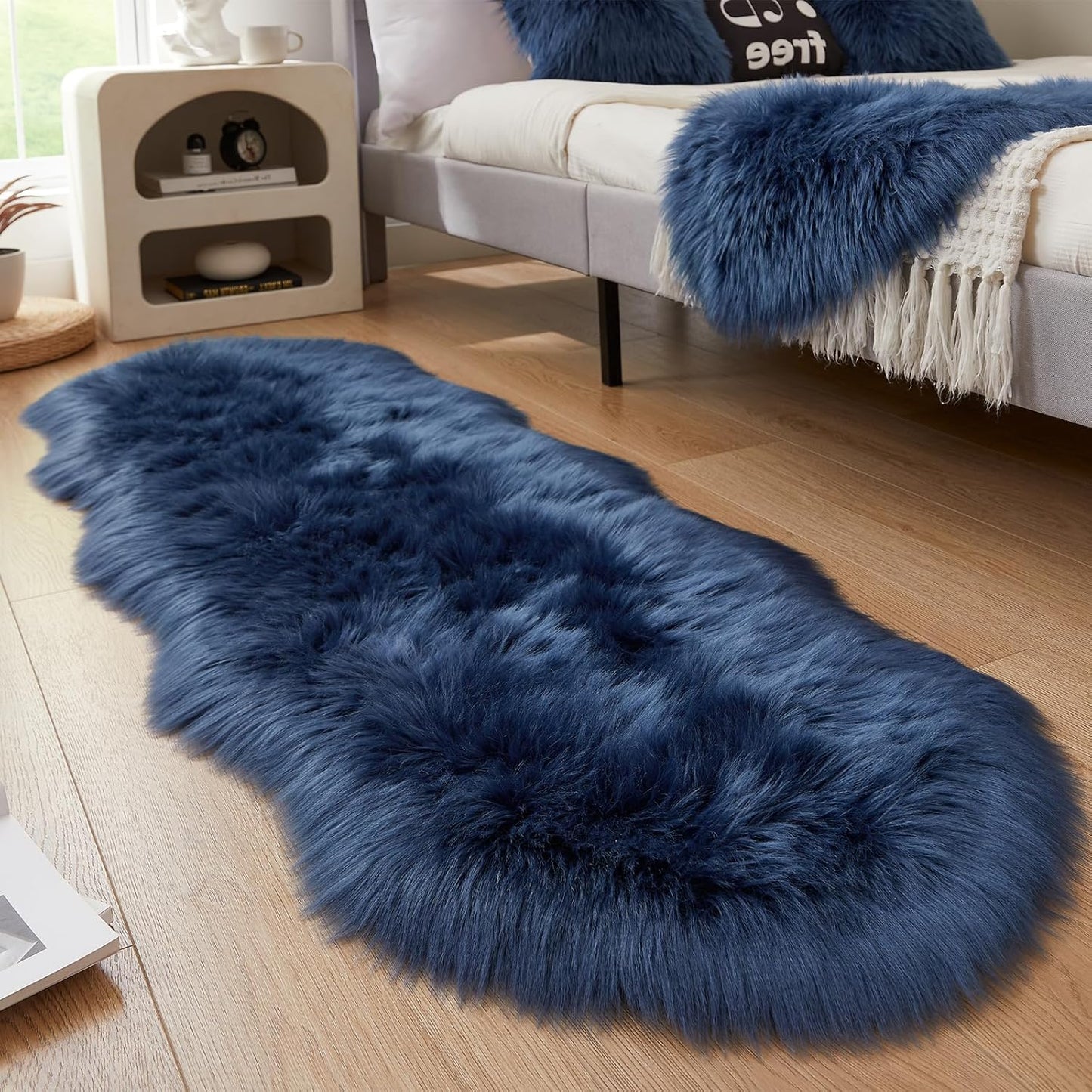 AMTOVO Faux Sheepskin Rug, Dark Blue Ultra Soft Fluffy Shag Area Rug, 2 x 6 ft Faux Fur Rug for