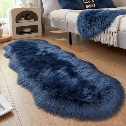 AMTOVO Faux Sheepskin Rug, Dark Blue Ultra Soft Fluffy Shag Area Rug, 2 x 6 ft Faux Fur Rug for