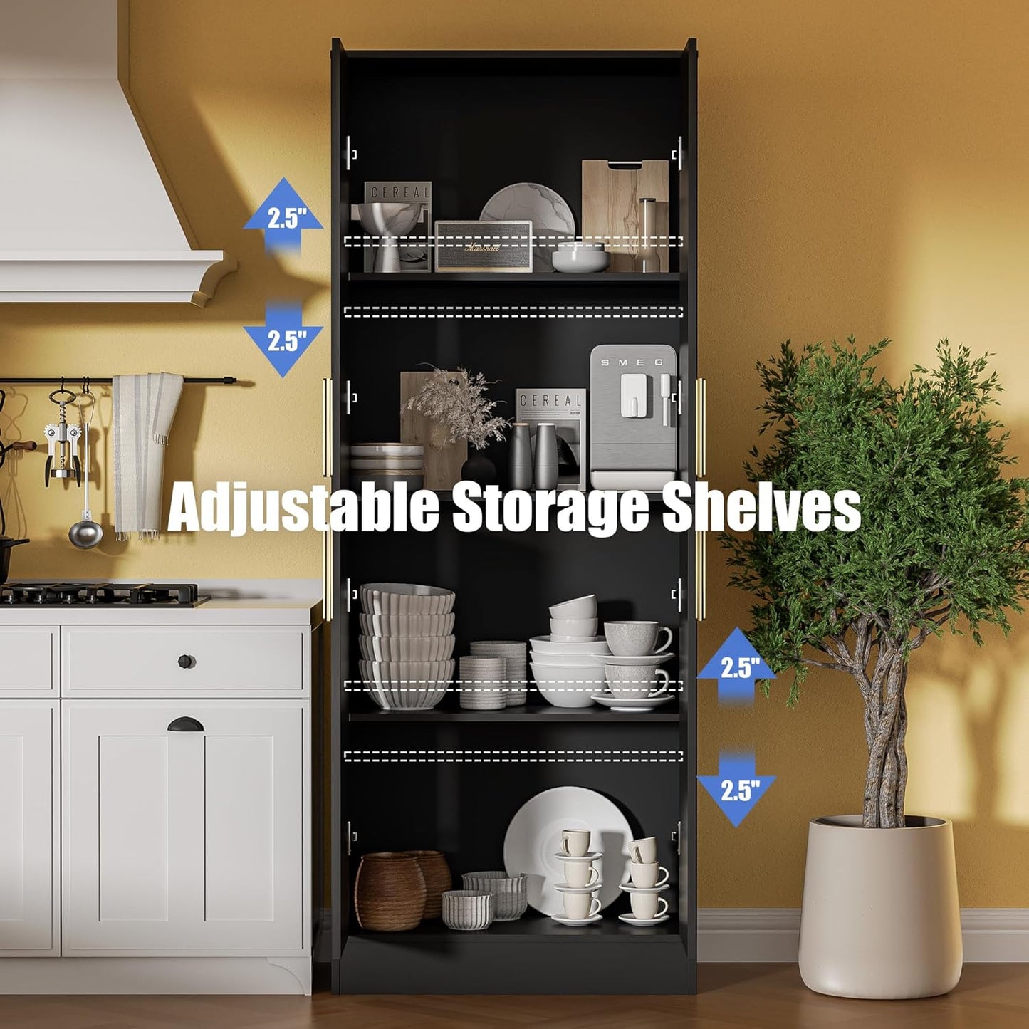 71" Tall Pantry Cabinet, 4 Doors Kitchen Pantry Storage Cabinet, Freestanding Larder Cupboard