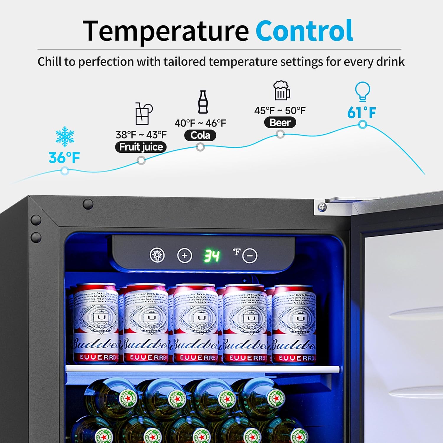 15 Inch Undercounter Beverage Refrigerator - 126 Cans Beverage Fridge with Stainless Steel Door for