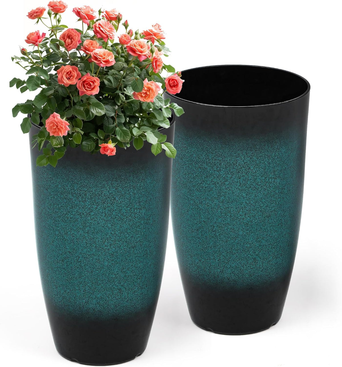 Tall Outdoor Planters, Set of 2 Large Flower Pots for Outdoor Plants, with Gradient Turquoise