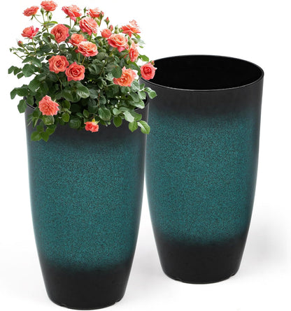 Tall Outdoor Planters, Set of 2 Large Flower Pots for Outdoor Plants, with Gradient Turquoise