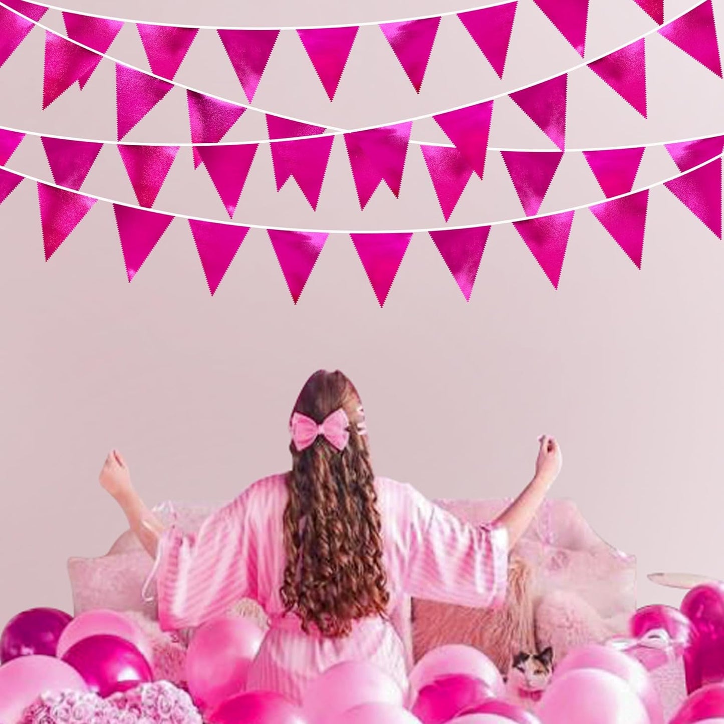 Hot Pink Party Decorations Triangle Pennant Banner Flag Rose Pink Metallic Fabric Bunting Garland
