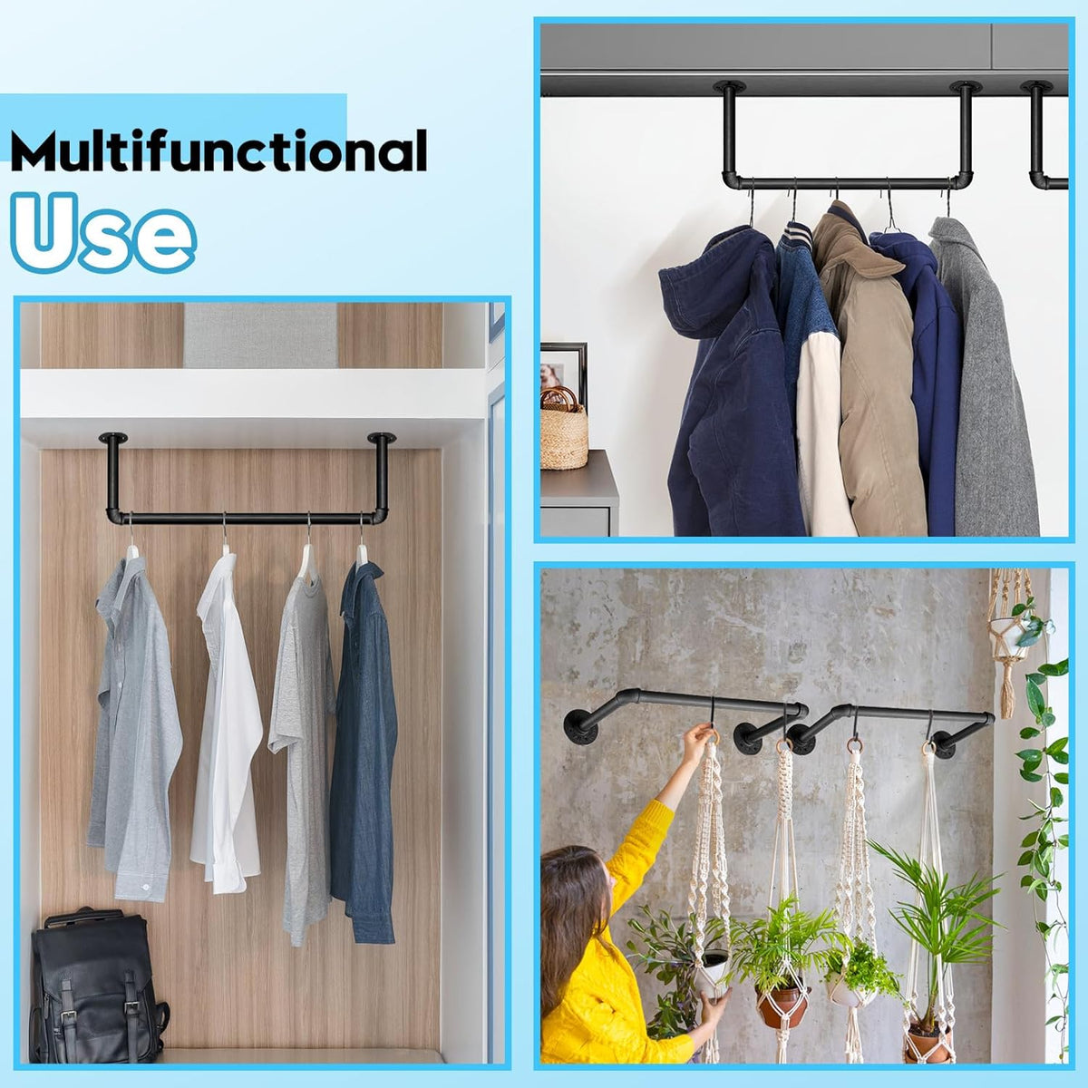 Industrial Pipe Clothes Rack Set of 2, 21” Heavy Duty Wall Mounted Clothing Rack Multi-Purpose