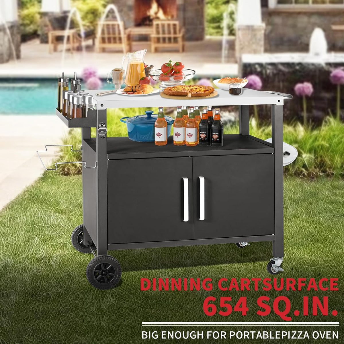 Grill Cart Table with Big Storage Cabinet, Movable Outdoor Dining Cart Pizza Oven Stand, Kitchen