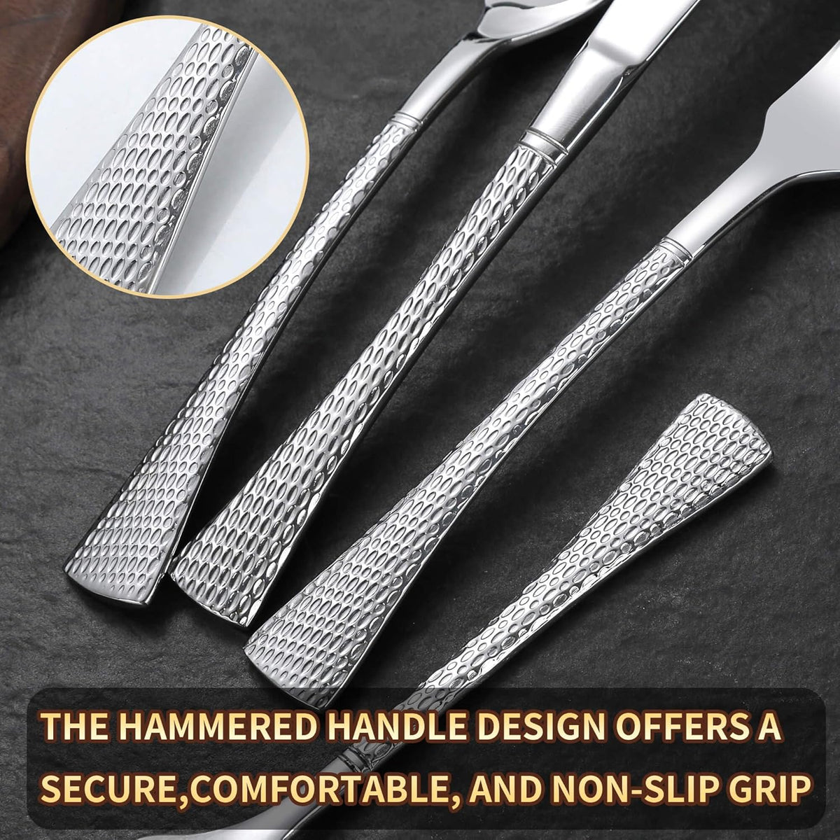 Hammered Silver Silverware Set for 8,Stainless Steel 40-Piece Modern Cutlery Set,Mirror Polished
