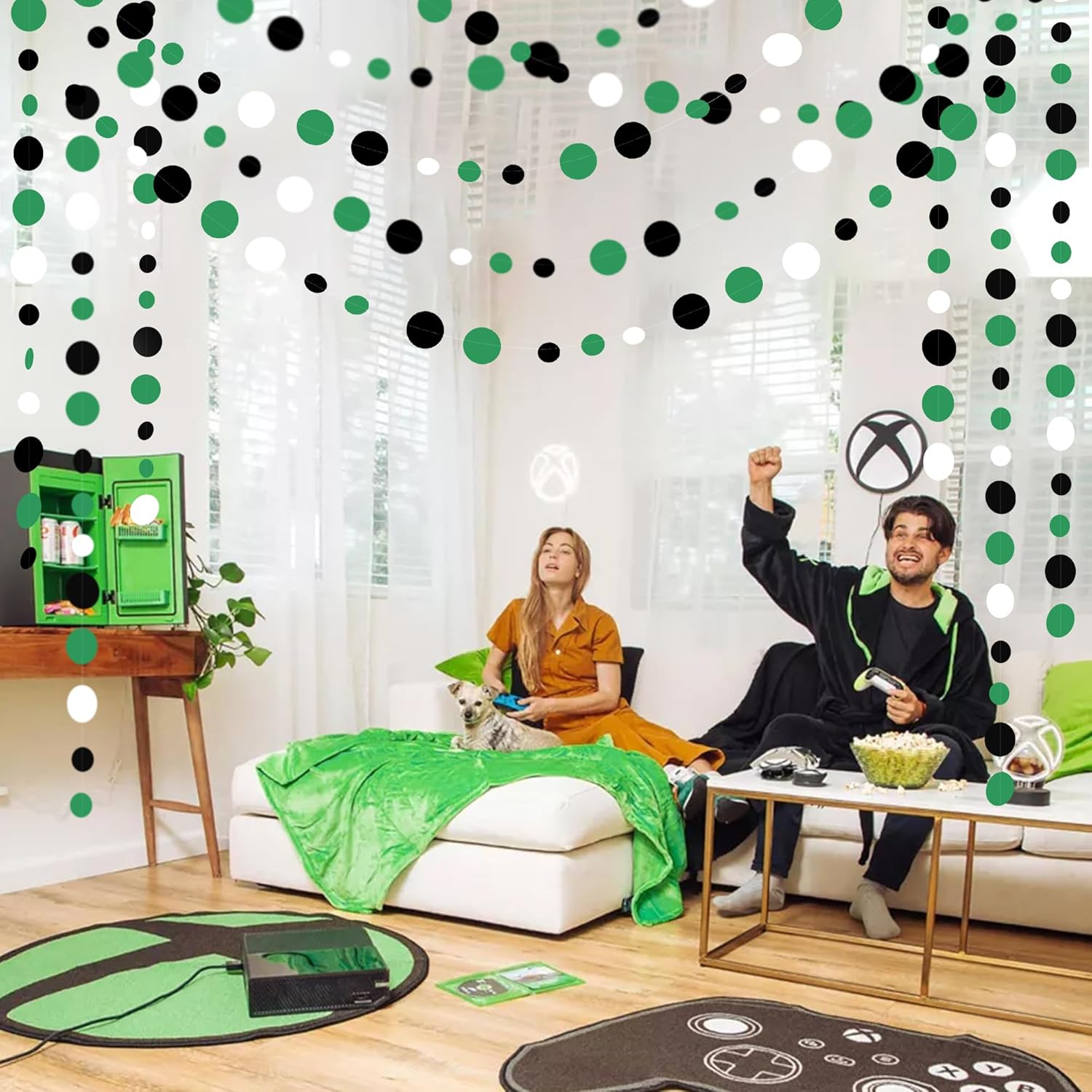 46 Ft Black Green Party Decorations Polka Dots Garlands Green and Black White Hanging Paper Circle