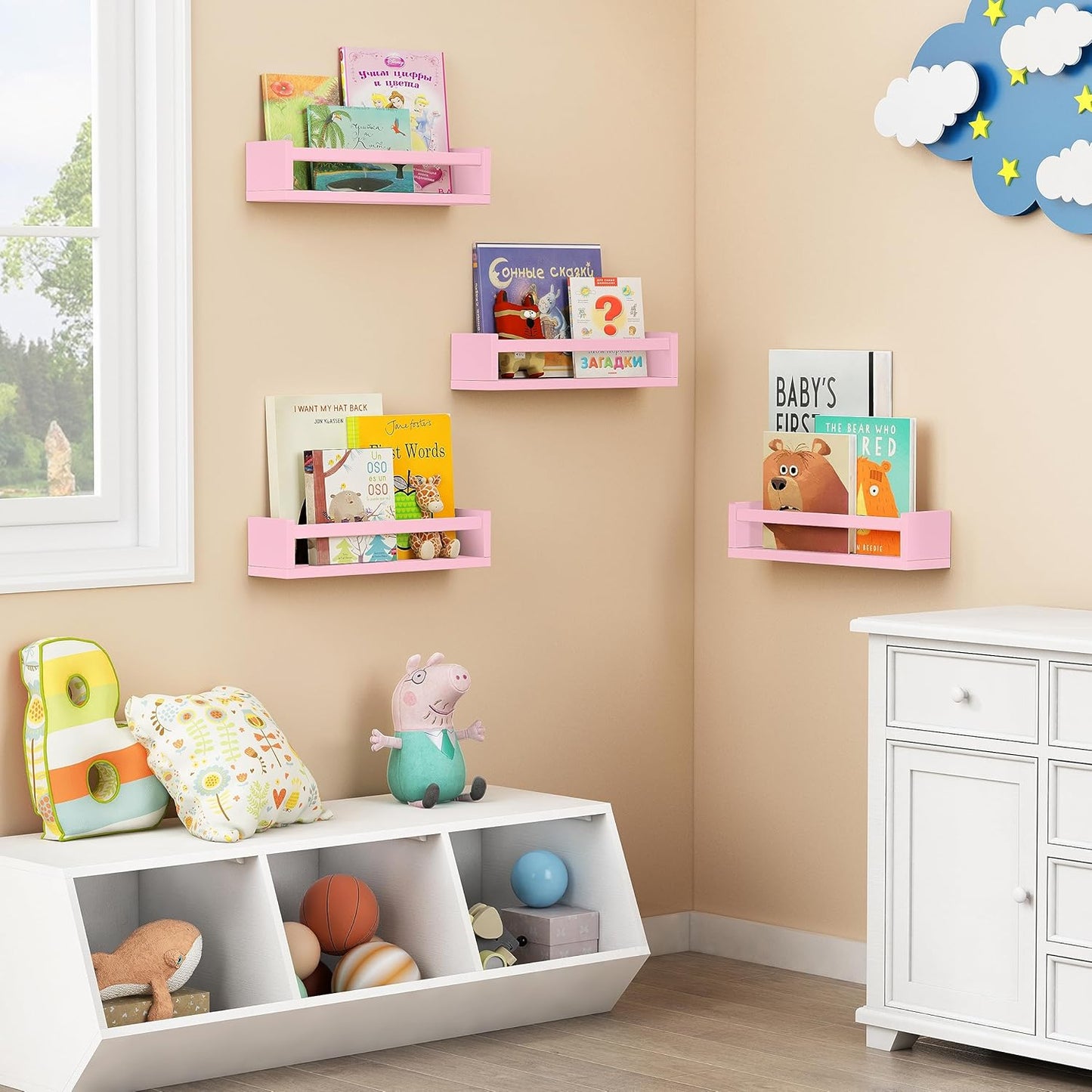Forbena Pink Floating Shelves for Wall, Aesthetic Wall Bookshelf for Girls Room Decor, Wood Nursery