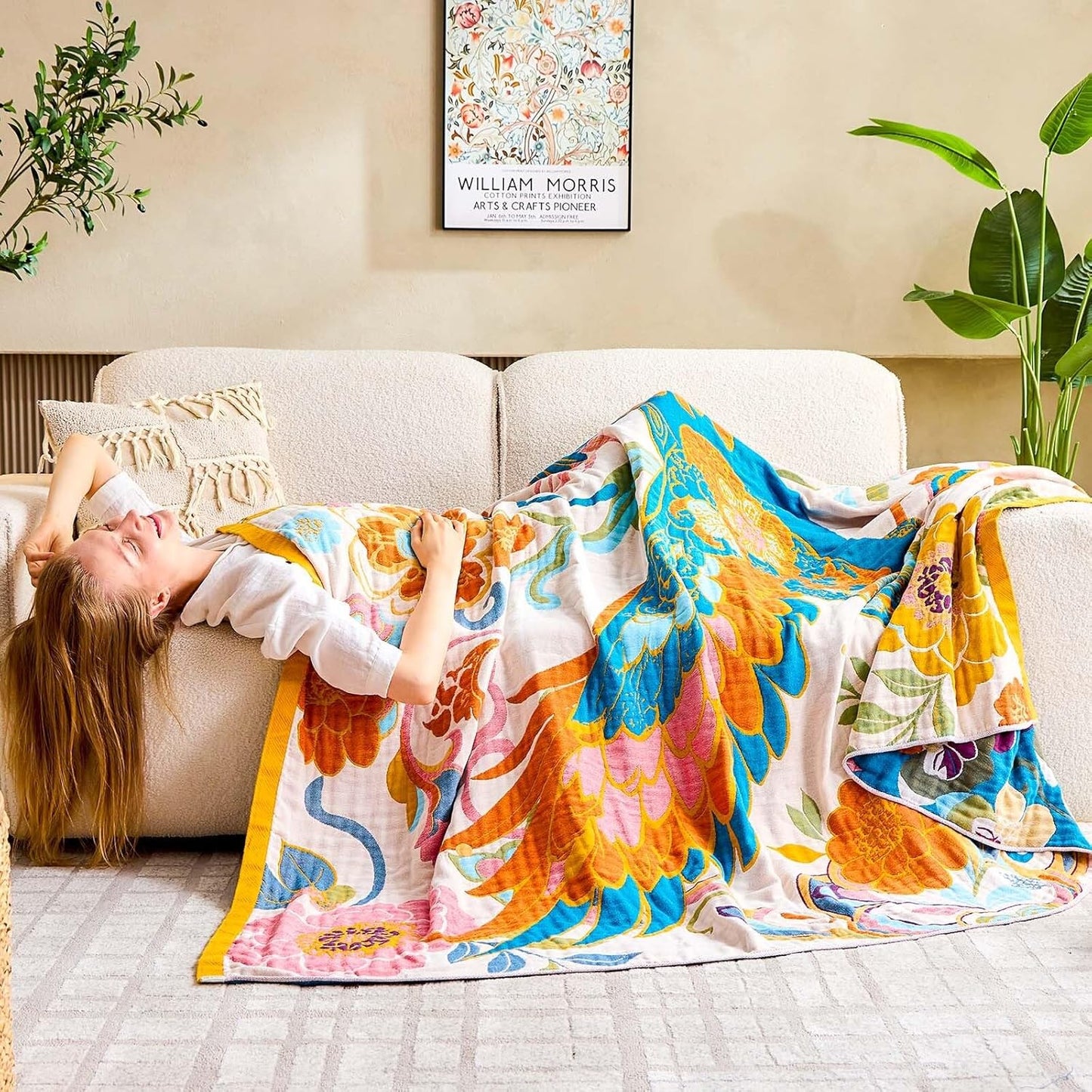 Boho Throw Blanket, Lightweight Blankets for Summer, 100% Cotton Bohemian Decorative Throw Blanket