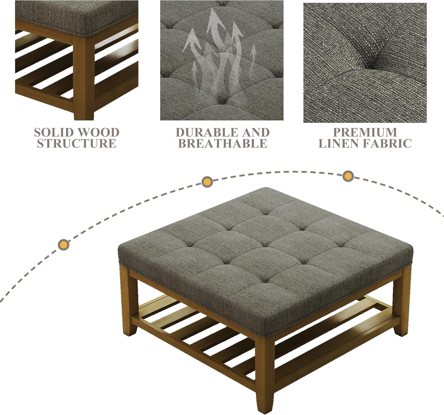Large Square Ottoman Coffee Table, Linen Solid Upholstered Footrest Ottoman with Solid Wood Shelf