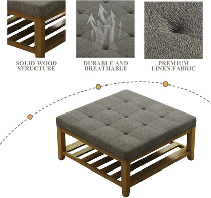 Large Square Ottoman Coffee Table, Linen Solid Upholstered Footrest Ottoman with Solid Wood Shelf