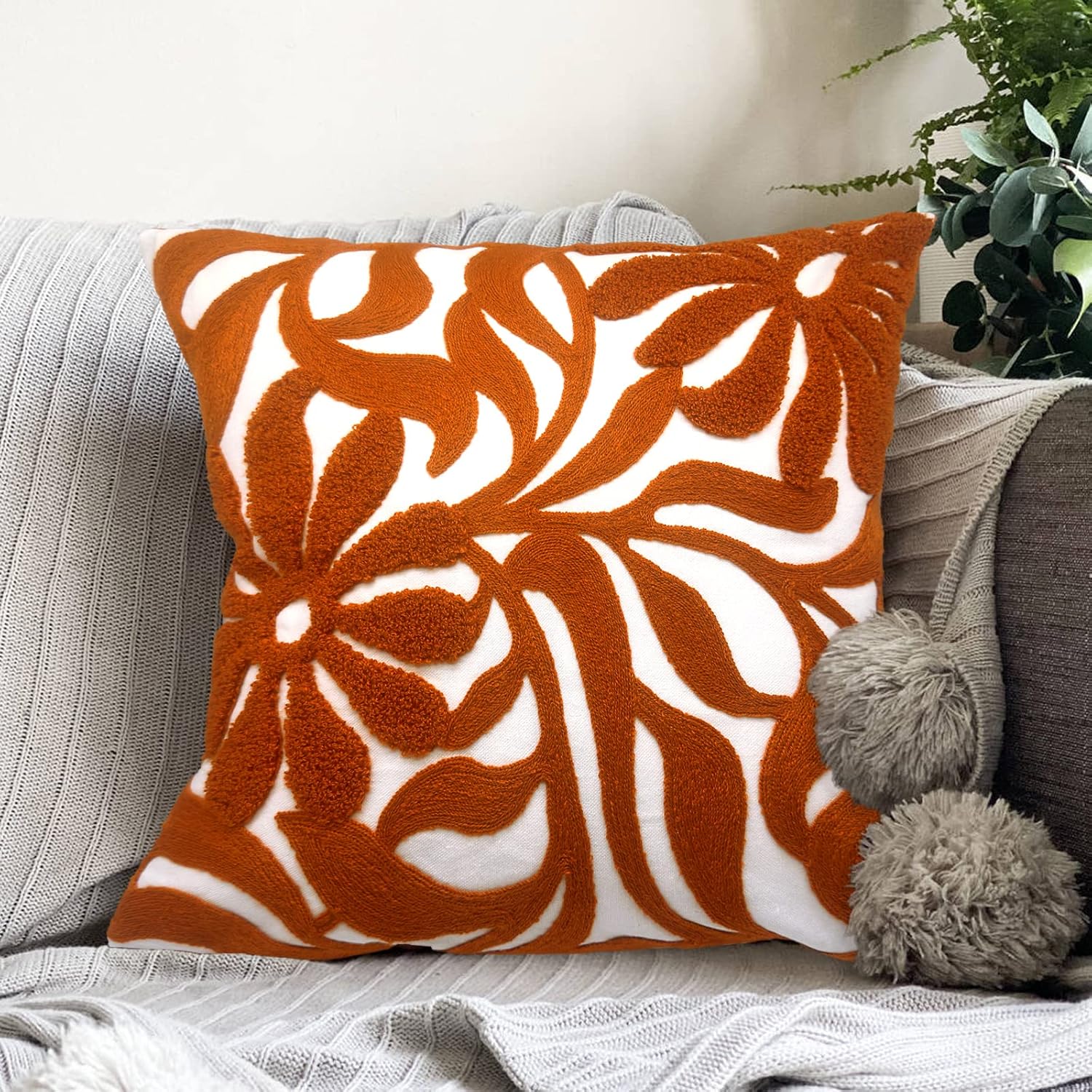 Alysheer Farmhouse Floral Leaves Embroidered Decorative Throw Pillow Cover 18x18 inches, Boho