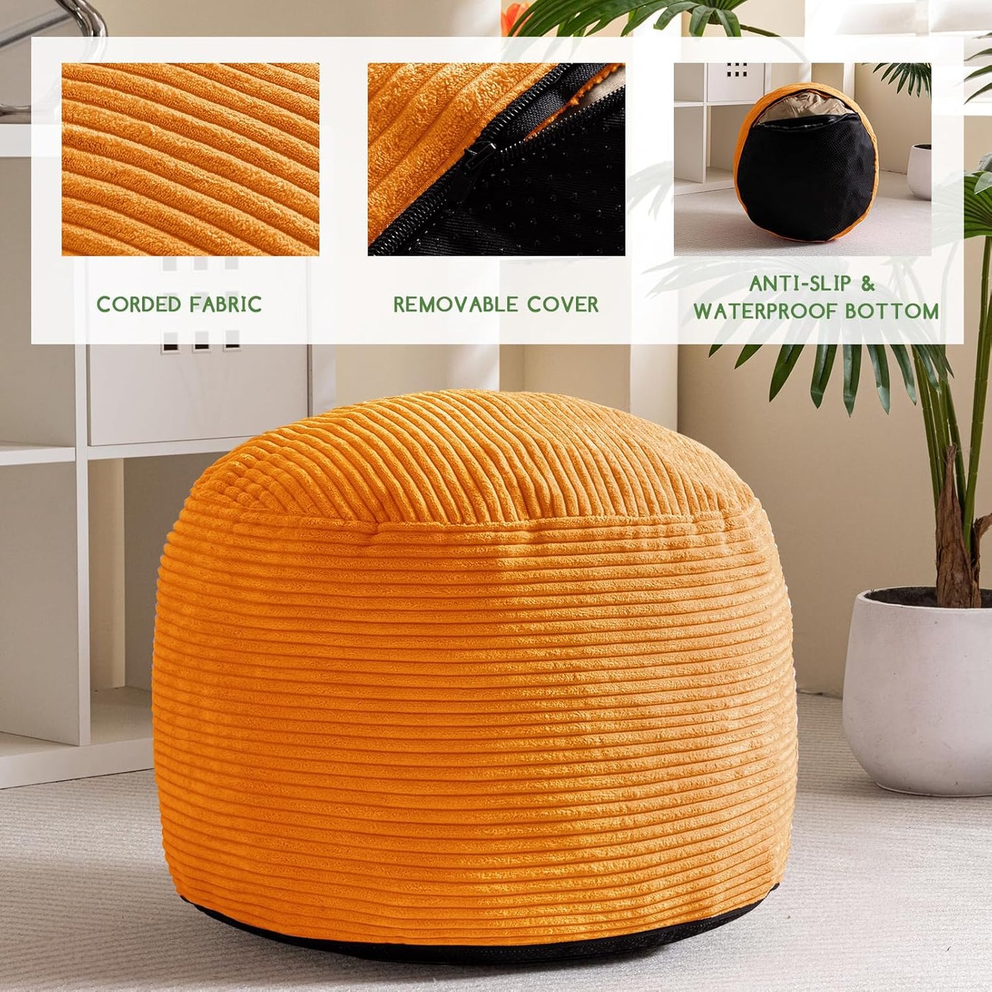HIGOGOGO Round Stuffed Pouf Ottoman, Corduroy Poufs with Foam Chunk Filling, Furry and Fluffy Pouf