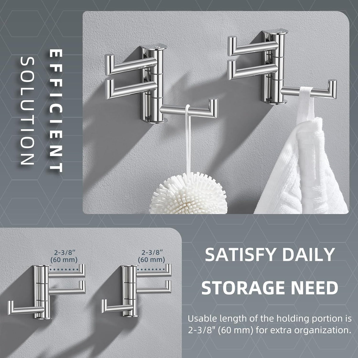 Angle Simple Swivel Towel Hooks for Bathroom, SUS 304 Stainless Steel Foldable 3 Arms Hand Towel