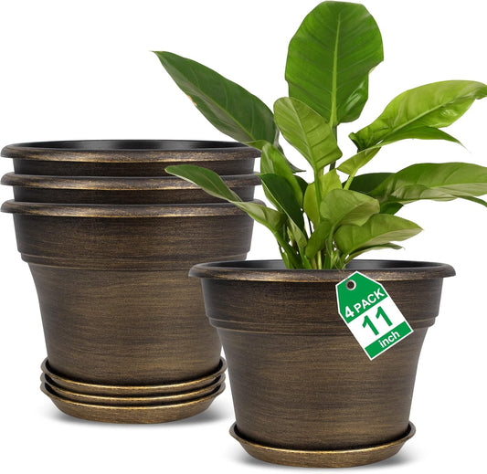 Plant Planters Pots Set of 4 Pack 11 Inch, Plastic Flower Pot for Indoor Plants with Drainage Holes