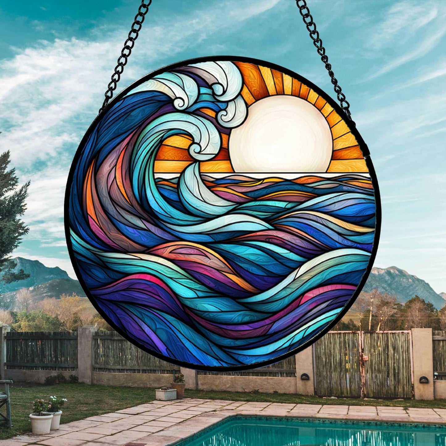 Stained Glass Window Hanging, Big Wave Sun Suncatcher Diamond Glass Panel Hangings Abstract Sun