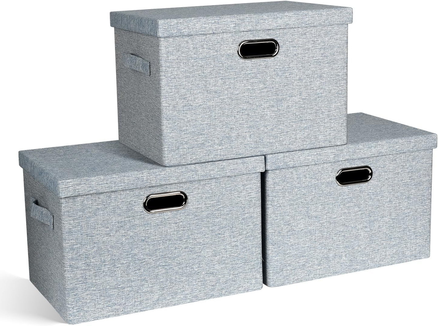 Large 17" 36 Quart Collapsible Stackable Storage Bins with Lids, 3 Packs Blue-Grey Linen Fabric