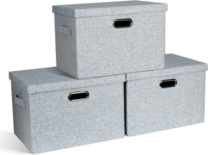 Large 17" 36 Quart Collapsible Stackable Storage Bins with Lids, 3 Packs Blue-Grey Linen Fabric