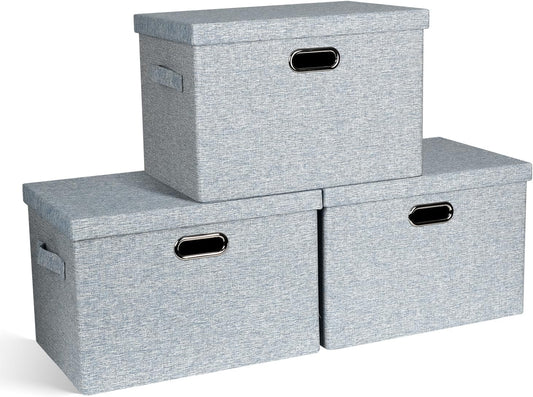Large 17" 36 Quart Collapsible Stackable Storage Bins with Lids, 3 Packs Blue-Grey Linen Fabric