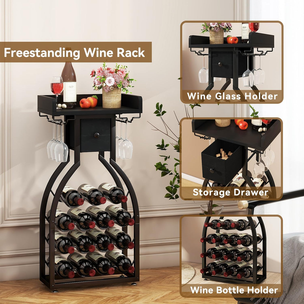 IBUYKE Wine Rack Freestanding Floor,Wine Storage 15 Bottles Bottle Rack with Glass Holders, Mini